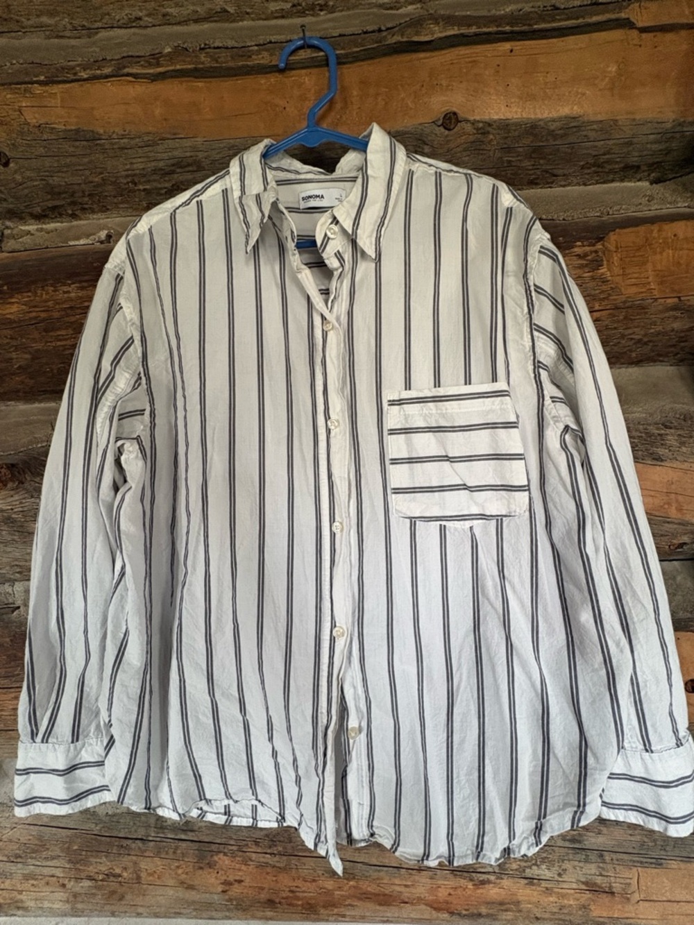 Sonoma White Button-Down Shirt with Black Vertical Stripes